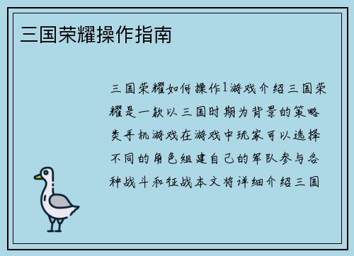 三国荣耀操作指南